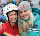  ?? Bild: ALESSANDRO TROVATI/TT ?? TOG FARVÄL. Lindsey Vonn, tvåa i Cortinas störtlopp, kramar om Julia Mancuso (till vänster) som gjorde karriärens sista lopp.