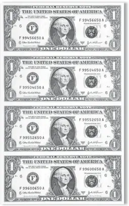  ??  ?? FULL UNCUT SHEETS: Above is one of the valuable full uncut sheets of never circulated U. S. $ 1 bills that are actually being released to Canadian residents. These crisp seldom seen uncut sheets of real money are being released on a first come, first...