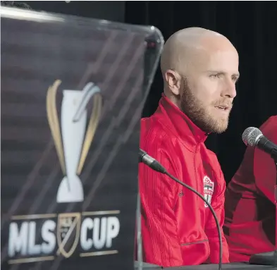  ?? FRANK GUNN / THE CANADIAN PRESS ?? “This is about us, this is about stepping on the field on Saturday and going for it, even in the biggest game, having a group of guys who, in a fearless and aggressive way, are ready to go after things,” says TFC captain Michael Bradley.