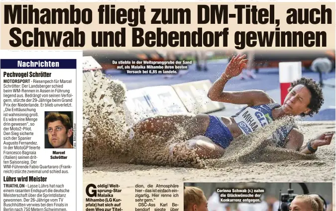  ?? ?? Marcel Schrötter
Da stiebte in der Weitsprung­grube der Sand auf, als Malaika Mihambo ihren besten Versuch bei 6,85 m landete.