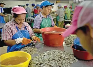  ?? NICOLAS ASFOURI / AFP ?? Migrant workers shell shrimps at a seafood factory in Mahachai, on the outskirts of Bangkok in 2010.