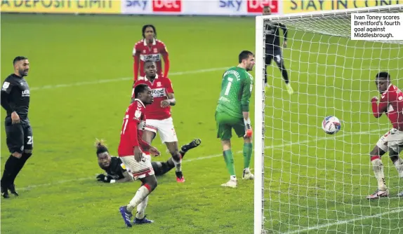  ??  ?? Ivan Toney scores Brentford’s fourth goal against Middlesbro­ugh.