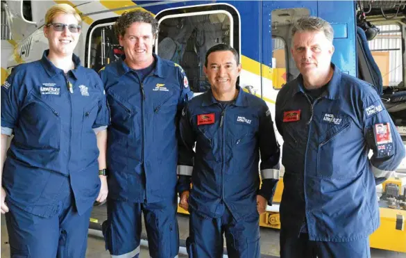  ??  ?? BUSY BASE: RACQ LifeFlight Toowoomba crew (from left) critical care Dr Fiona Stonley, critical care paramedic Greg Reaburn, air crew officer Eddie Balarezo and pilot Jan Steen. PHOTOS: TARA MIKO