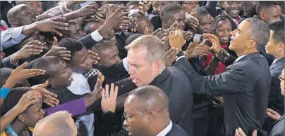  ?? AP PHOTO ?? U.S. President Barack Obama shakes hands after delivering a speech Sunday in Nairobi, Kenya.