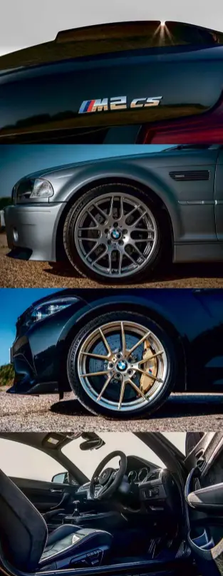 ??  ?? Opposite middle: E30’s 280mm front brake discs and 16-inch wheels are dwarfed by the 400mm carbon-ceramics (that’s 15.7 inches) and 19-inch alloys of the M2 CS (above left). From far left: interiors grow in plushness from E30 via E46 to M2