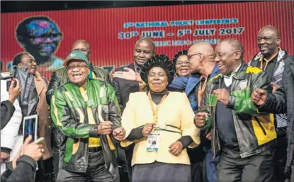  ??  ?? Show of unity: ANC president Jacob Zuma and deputy president Cyril Ramaphosa conceal any internal tensions as they flank Nkosazana Dlamini-Zuma at the party’s policy conference. Photo: Delwyn Verasamy