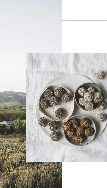  ??  ?? (From left) Golden Door’s Meditation Hill overlooks the retreat’s villas; the breakfast and energy balls are made with ingredient­s such as cashews, dates and limes