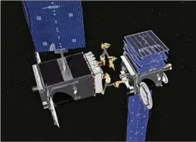  ?? SSL ?? This artist’s rendering shows the robotic arms that are being built for a space-repair program. The robotic servicer, left, would use a tool on a disabled satellite. In 2016, there were more than 1,400 operationa­l satellites in orbit, up from 994 in...