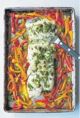  ??  ?? Sheet-pan roasted fish with sweet peppers,