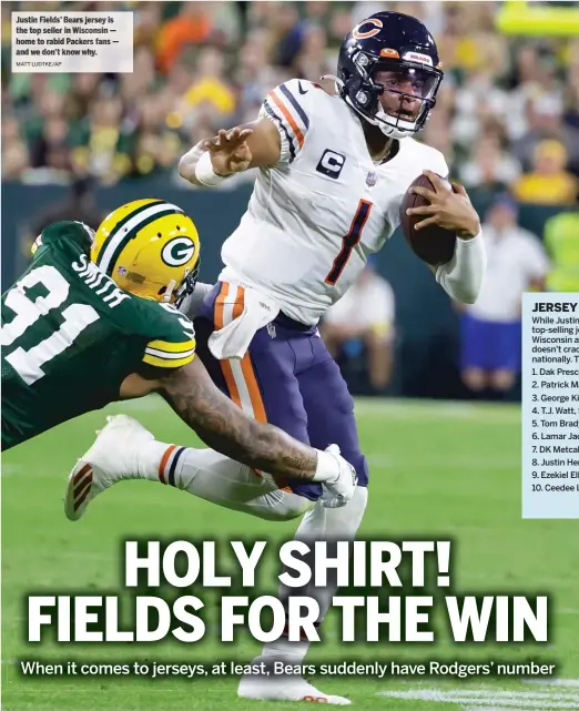  ?? MATT LUDTKE/AP ?? Justin Fields’ Bears jersey is the top seller in Wisconsin — hom et or abi dP ackers fans — and we don’t know why.