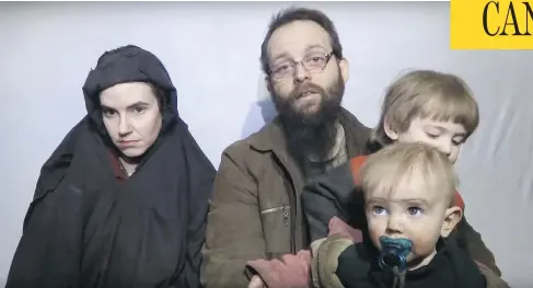  ?? YOUTUBE ?? Caitlan Coleman and Joshua Boyle, with their children, while being held hostage by the Taliban-linked Haqqani network.