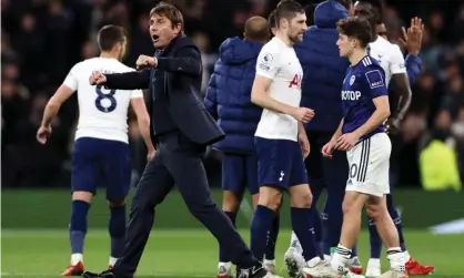  ?? ?? Antonio Conte celebrated at full time after a second-half revival was enough to beat Leeds. Photograph: Marc Atkins/Getty Images