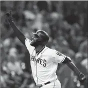  ?? ASSOCIATED PRESS ?? SAN DIEGO PADRES’ Franmil Reyes smiles after hitting a home run during the second inning of the team’s baseball game against the St. Louis Cardinals, Saturday in San Diego.