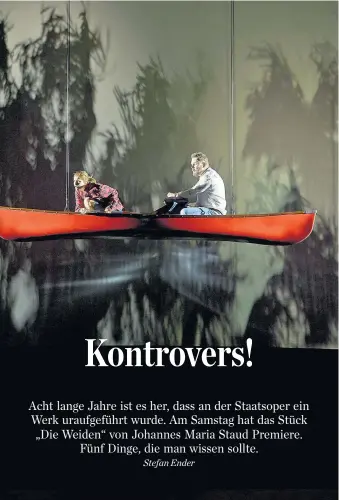  ??  ?? Lea (Rachel Frenkel) und Peter (Tomasz Konieczny) fahren in der neuen Oper von Johannes Maria Staud im Kanu durch das fragil gewordene Politeurop­a.
