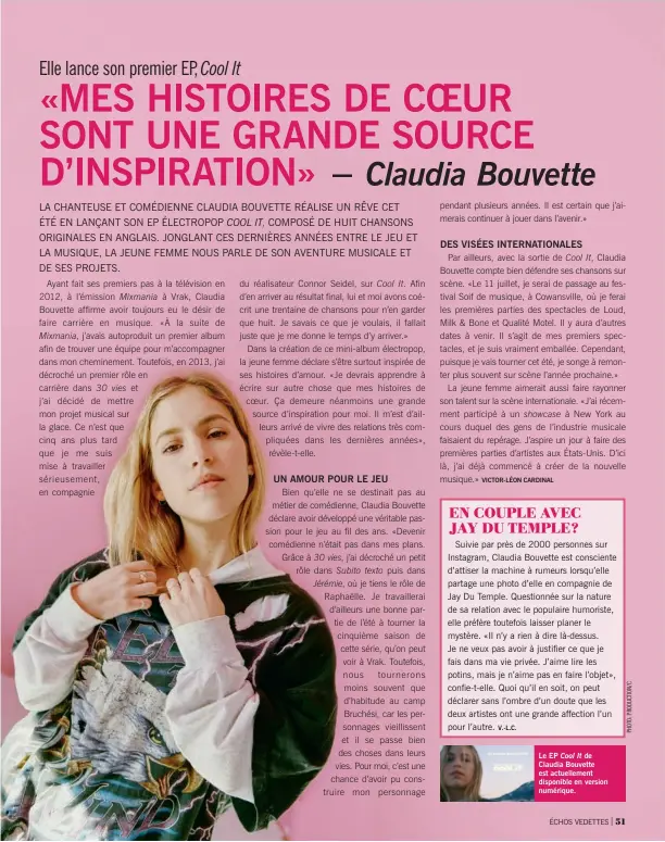  ??  ?? Le EP Cool It de Claudia Bouvette est actuelleme­nt disponible en version numérique.