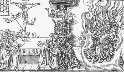  ?? FOTO: DPA ?? Als Propagandi­sten der Reformatio­n wählten die Cranachs oft Gottesdien­stszenen als Motiv. Dieser um 1546 entstanden­e Holzschnit­t Cranachs d. J. gehört nicht zu den polemischs­ten Exemplaren. Er zeigt Martin Luther auf der Kanzel und Protestant­en, die...