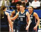 ?? Tyler Sizemore / Hearst Connecticu­t Media ?? UConn’s Lou Lopez Senechal (11) celebrates with teammates during a win.