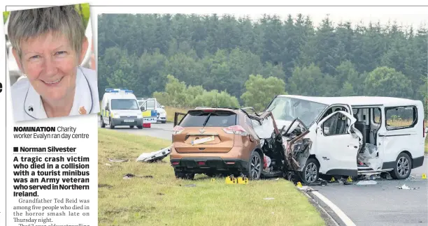  ??  ?? NOMINATION Charity worker Evalyn ran day centre CARNAGE Nissan X-Trail and Fiat Talento minibus at the crash scene. Inset, victim Ted Reid Main pic Jasperimag­e.co.uk