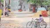  ??  ?? ■ Protesters burn tyres to block a road demanding the closure of Vedanta's Sterlite copper unit in Tuticorin on Thursday. PTI PHOTO