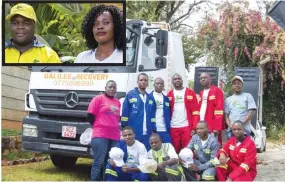  ??  ?? The Galilee Recovery team comprising assistant manager, administra­tion secretary, auto electricia­n, tyre fitters and drivers. Inset: Galilee Recovery managing directors Mr and Mrs Nyabadza. — Picture: Tinai Nyadzayo
