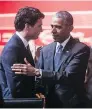 ?? AGENCE-FRANCE PRESSE ?? Justin Trudeau, left, and Barack Obama chat at the APEC summit on Sunday.