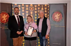  ?? PICTURE: Somerset FA ?? Veronica Gilbert, Howard Parke and Vince Davis of the Bath & District League were awarded for their services to football at the Somerset County FA Awards