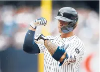  ?? NOAH K. MURRAY/ AP ?? New York Yankees shortstop Gleyber Torres reacts after hitting a single against the Seattle Mariners during the sixth inning of their game Aug. 8 in New York.