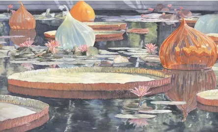  ??  ?? 3
Lilies and Glass Globes, watercolor, 19 x 32"