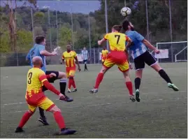  ?? (Photos Sylvain Mustapic) ?? Au terme d’un duel acharné, l’AS Roquebrune de Bicchieri (en jaune) a fini par prendre le meilleur sur l’AS Roquefort de Zunino (en bleu).