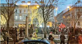  ??  ?? Protestors along Andrassy Avenue, one of Budapest’s most elegant streets