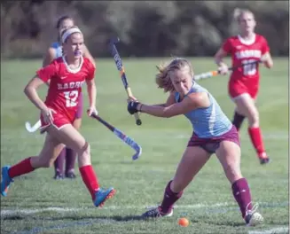  ?? ADAM GAGNON, SPECIAL TO THE RECORD ?? Bluevale’s Jordyn Faiczak lines up a shot at Riverside Park in Cambridge on Tuesday. Jordyn and younger sister Taylor scored in a 2-0 win over Southwood. Madeline Waywell recorded the shutout.