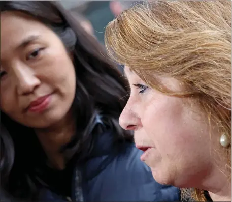  ?? MATT STONE — BOSTON HERALD ?? BPS Superinten­dent Mary Skipper and Mayor Michelle Wu during the William E. Carter School topping off ceremony where they were hit with questions over a student found tied to a school chair.