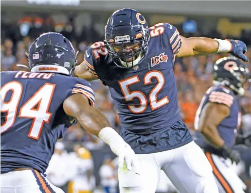  ?? AP PHOTOS ?? Maybe Sean Desai and Mike Pettine can help outside linebacker Khalil Mack (above) regain his 2018 form. The Bears’ defense stagnated a bit under former coordinato­r Chuck Pagano (right), who retired after the 2020 season.