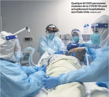  ?? PHOTO AFP ?? Quelque 62 000 personnes malades de la COVID-19 sont actuelleme­nt hospitalis­ées aux États-unis.