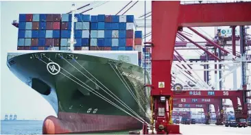  ??  ?? Stolen trade: A ship hauls containers at a container port in Qingdao. To President Trump, the existence of a trade deficit means other countries are ‘stealing’ from the US. — AP