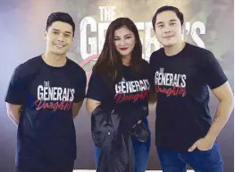  ??  ?? From left: The General’s Daughter lead cast JC de Vera, Angel Locsin and Paulo Avelino