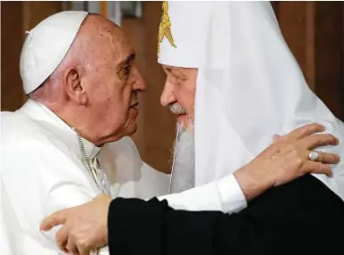  ?? Gregorio Borgia / Associated Press file photo ?? Pope Francis meets Russian Orthodox Patriarch Kirill in 2016 in Cuba. They met again in a video call Wednesday to discuss Ukraine.