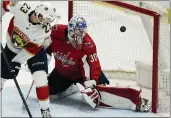  ?? ALEX BRANDON — THE ASSOCIATED PRESS ?? Florida Panthers center Carter Verhaeghe (23) watches the puck get past Washington Capitals goaltender
Ilya Samsonov (30) for a goal by Panthers center Sam Reinhart during the third period of Game 4of a first round playoff game Monday.