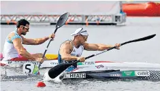  ??  ?? Liam Heath powers his way to gold in the kayak single 200m canoe sprint, above, and celebratin­g his victory, right