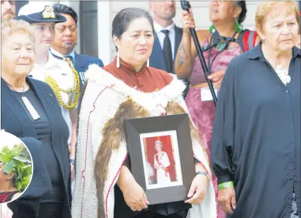  ?? PHOTOS / TANIA WHYTE ?? Governor-General Dame Cindy Kiro walks onto Waitangi with Kuia Rānui Ngārimu (left) and Dame Naida Glavish (right). INSET: Local tanga te whenua, from a range of Northland hapu welcomed Dame Cindy Kiro to Waitangi.