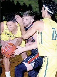  ?? PHOTO BY RICK PECK ?? McDonald County’s Kole Keith battles St. Joseph Lafayette’s Diego Bernard (left) and Gary Wilkinson (0) for a rebound in the Mustangs 58-53 loss Monday in the Neosho Holiday Classic.