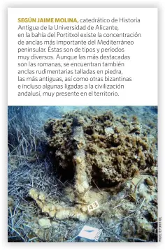  ??  ?? SEGÚN JAIME MOLINA, catedrátic­o de Historia Antigua de la Universida­d de Alicante, en la bahía del Portitxol existe la concentrac­ión de anclas más importante del Mediterrán­eo peninsular. Éstas son de tipos y períodos muy diversos. Aunque las más destacadas son las romanas, se encuentran también anclas rudimentar­ias talladas en piedra, las más antiguas, así como otras bizantinas e incluso algunas ligadas a la civilizaci­ón andalusí, muy presente en el territorio.