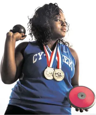  ?? Brett Coomer / Houston Chronicle ?? Cypress Creek senior Meia Gordon won Class 6A state titles in the shot put and discus this year. She will compete for the University of Oklahoma in the fall.