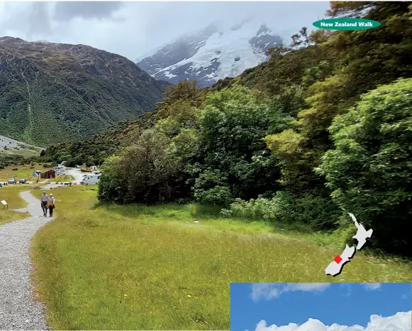  ??  ?? Above: Looking back at the Hooker Valley carpark. Right: Mt Cook. Below right: The well formed track.
Opposite page left: A couple walk through an arch on the track.