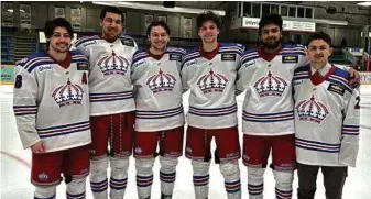  ?? JACK CLARK/SPRUCE KINGS ?? The six graduating Spruce Kings gathered for a photo after their season ended April 3 with a playoff loss to the Penticton Vees at Kopar Memorial Arena. From left are Kilian McGregor-Bennett, Kai Greaves, JR Perdion, Alexis Cournoyer, Amran Bhabra and Ben LeFranc.