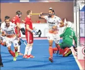 ??  ?? Akashdeep Singh(27) of India reacts after scoring goal against England during the Men's Hockey World League Final 2017 in Bhubaneswa­r on Saturday.