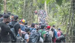  ?? NYT ?? A group of migrants cross a river in the Darien Gap, the narrow stretch of jungle terrain connecting Colombia and Panama, in August last year.