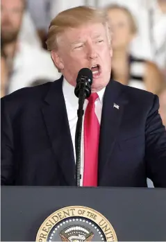  ?? PHOTO AFP ?? Le président américain Donald Trump, hier, à bord du porte-avions Gerald Ford, sur la base navale de Norfolk.