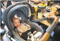  ??  ?? Charlotte naps while her mother, Jayne Carini, eats with family at the Brixton before heading to a Giants game.