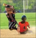  ?? SAM STEWART - DIGITAL FIRST MEDIA ?? Above, Perkiomen Valley’s Kara Fusco slides into Boyertown’s Alyssa Acker to break up a double play during the fourth inning. Below, Perkiomen Valley pitcher Katie Hurd delivers during the fifth inning. Hurd came over from the JV game to pitch the last...